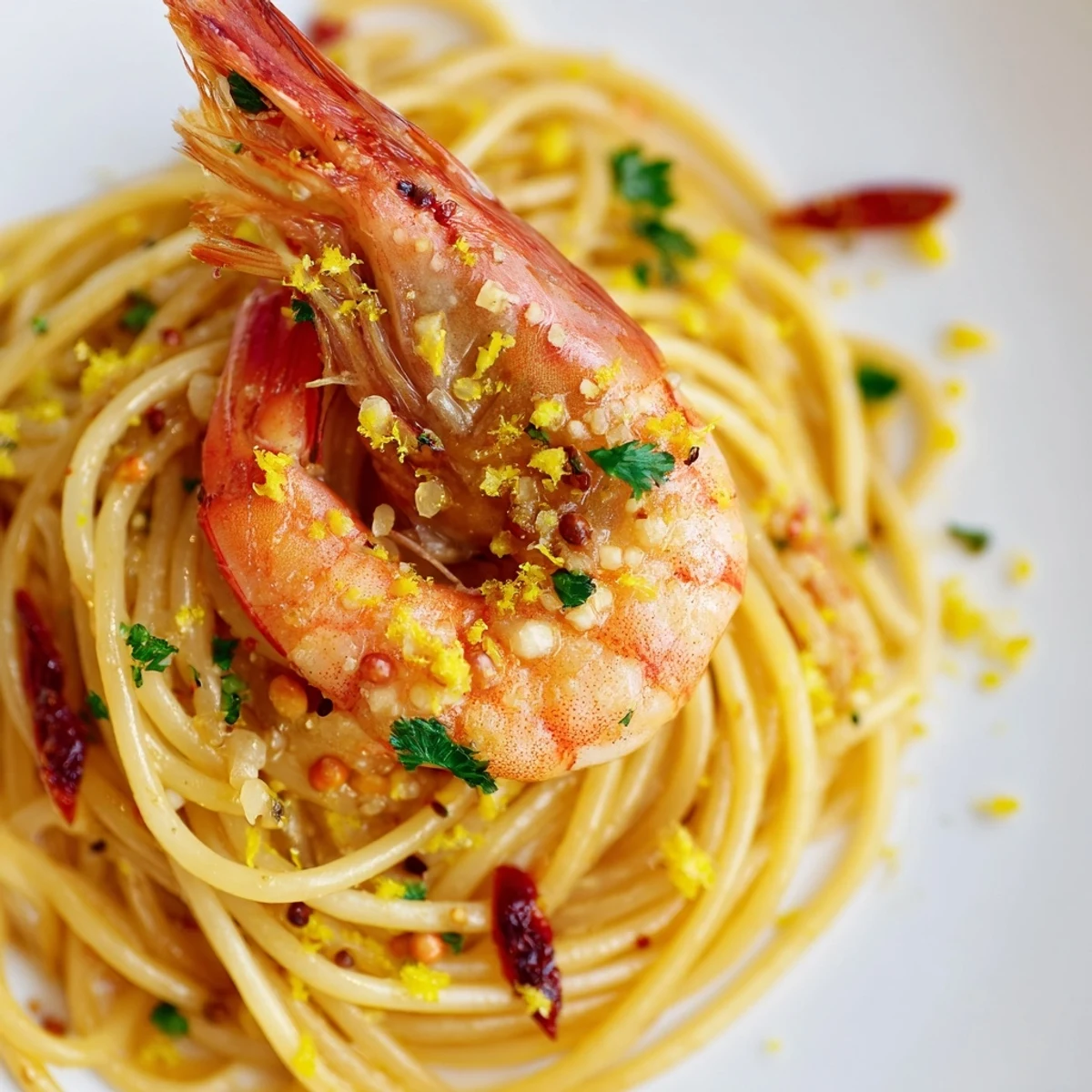 Freshly prepared Garlic Butter Shrimp Pasta with Chili tossed in a pan, steam rising from the sizzling garlic butter sauce.