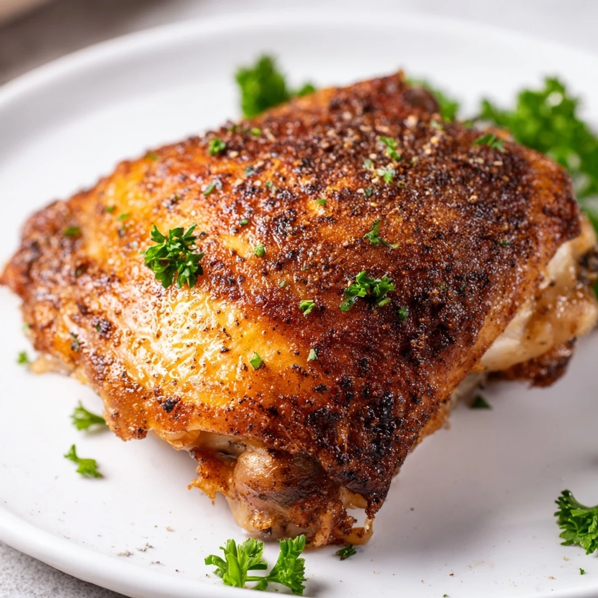 Golden-brown Crispy Skin Chicken thighs resting on a wire rack, showcasing perfectly rendered fat and juicy dark meat, ideal for an easy weeknight dinner recipe.