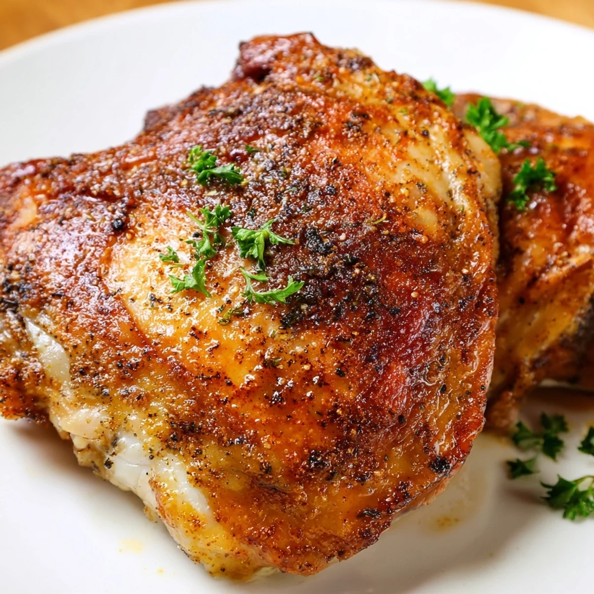 Freshly roasted Crispy Skin Chicken thighs glistening with golden-brown skin, seasoned with garlic and paprika, served hot on a white plate with lemon wedges and parsley.