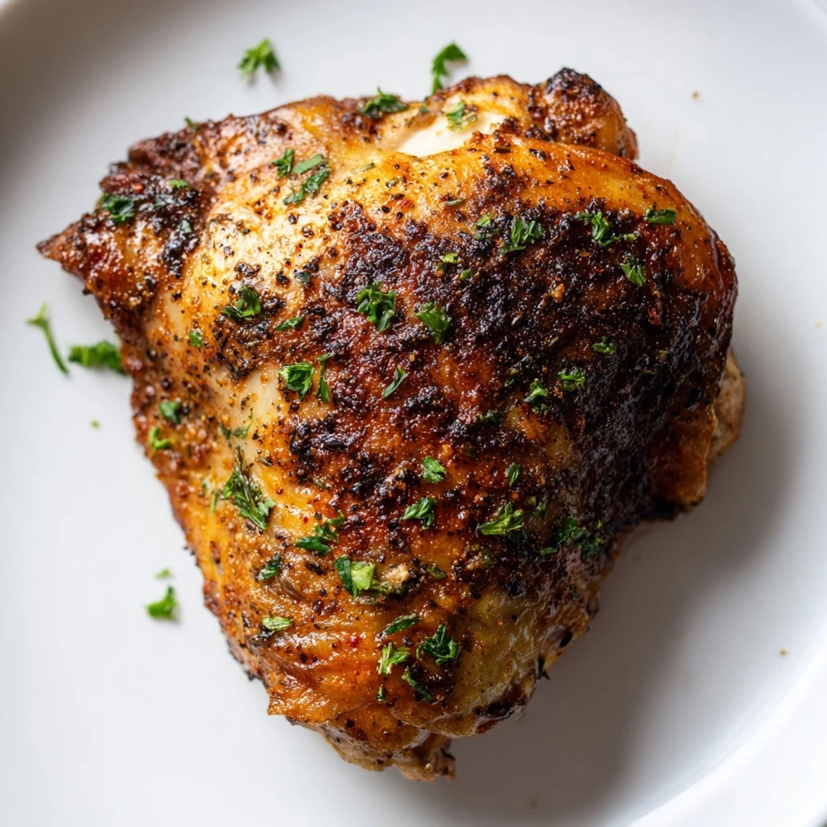 Seasoned Crispy Skin Chicken thighs roasted to perfection with a crunchy exterior and tender interior, garnished with fresh parsley and lemon wedges on a baking sheet.