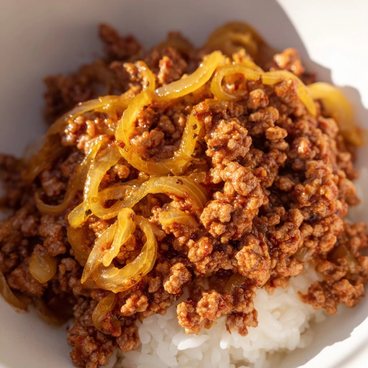 Golden onions and browned beef mingle in a rich sauce, ready to be spooned over pasta.