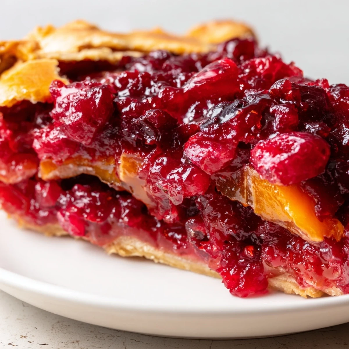 Fresh-baked Cranberry Tart with Pastry sits on a cooling rack, the bubbling ruby filling peeking out from a crisp, buttery shell.