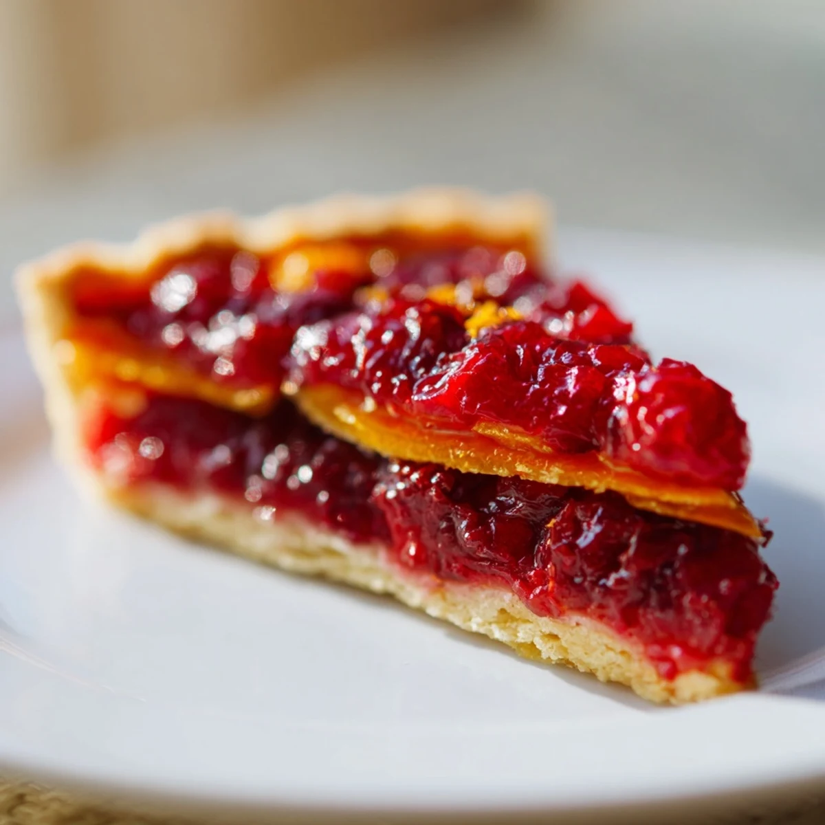 A close-up of the finished Cranberry Tart with Pastry, showing glossy crimson filling in a golden, flaky crust and a dusting of sugar.