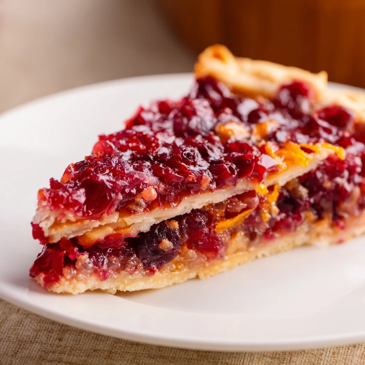 Overhead view of a sliced Cranberry Tart with Pastry on a white plate, served with a dollop of whipped cream.