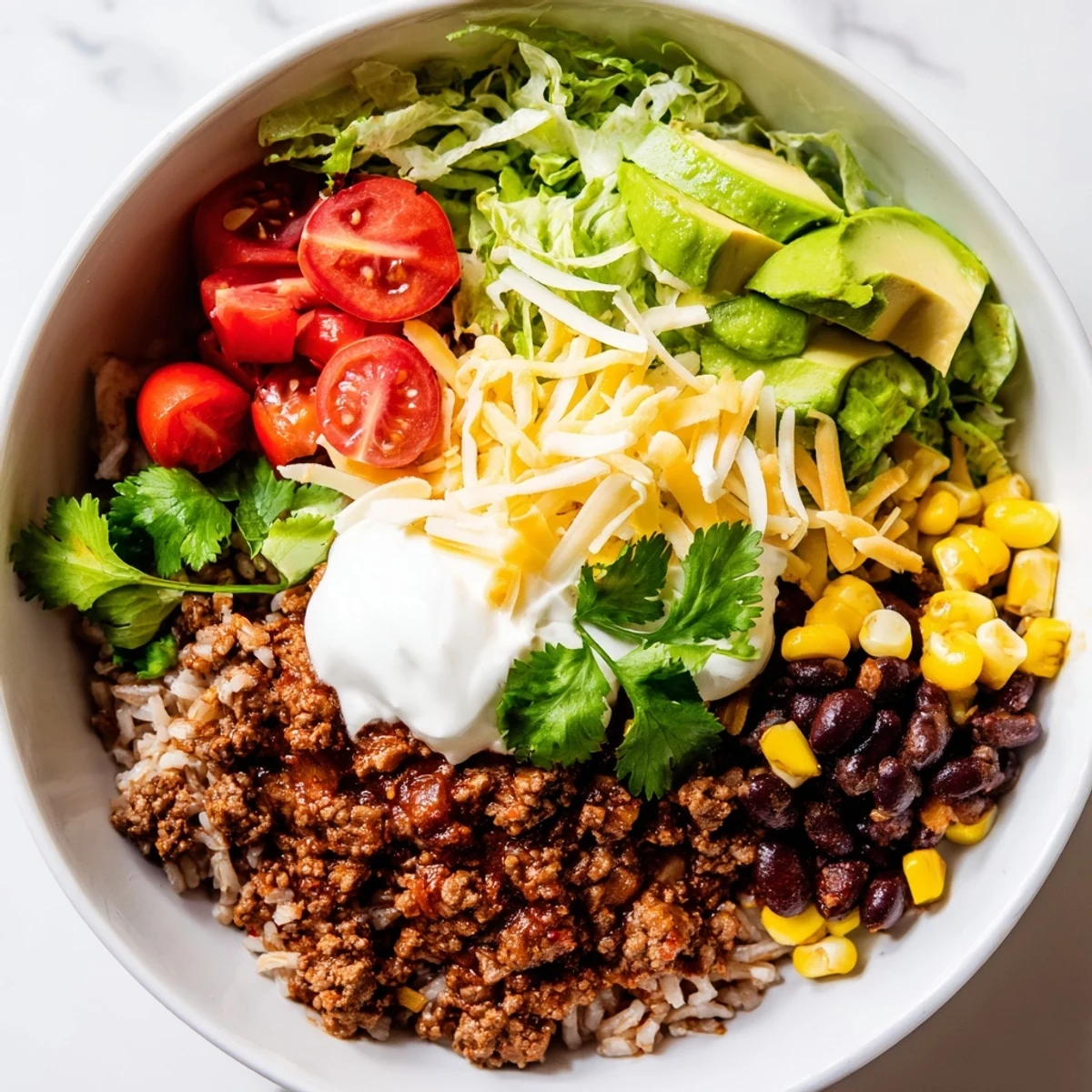 Savory ground beef, fluffy brown rice, fresh avocado, cherry tomatoes, corn, black beans, lettuce, cheddar, and sour cream in this hearty Beef Burrito Bowl.