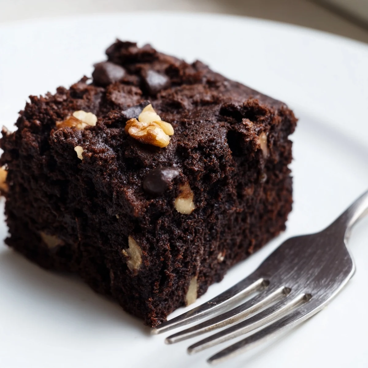 Freshly baked Chocolate Brownies with Walnuts cut into squares, showing a fudgy center and cracked top, served on a white plate.