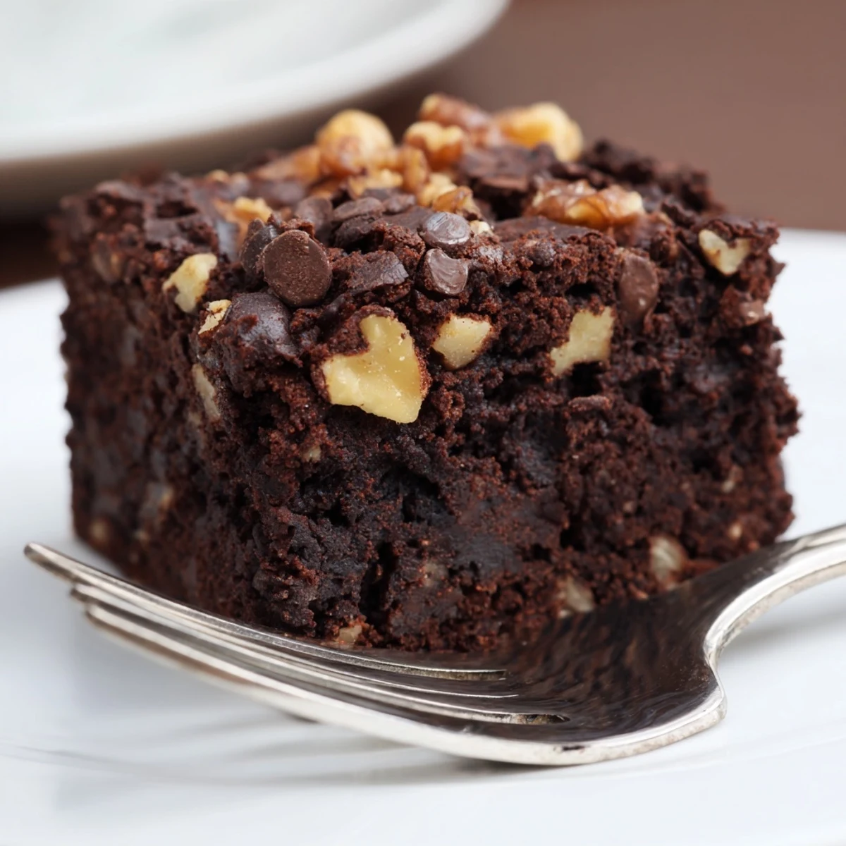 Rich, fudgy Chocolate Brownies with Walnuts studded with crunchy nuts sit on a rustic wooden board.