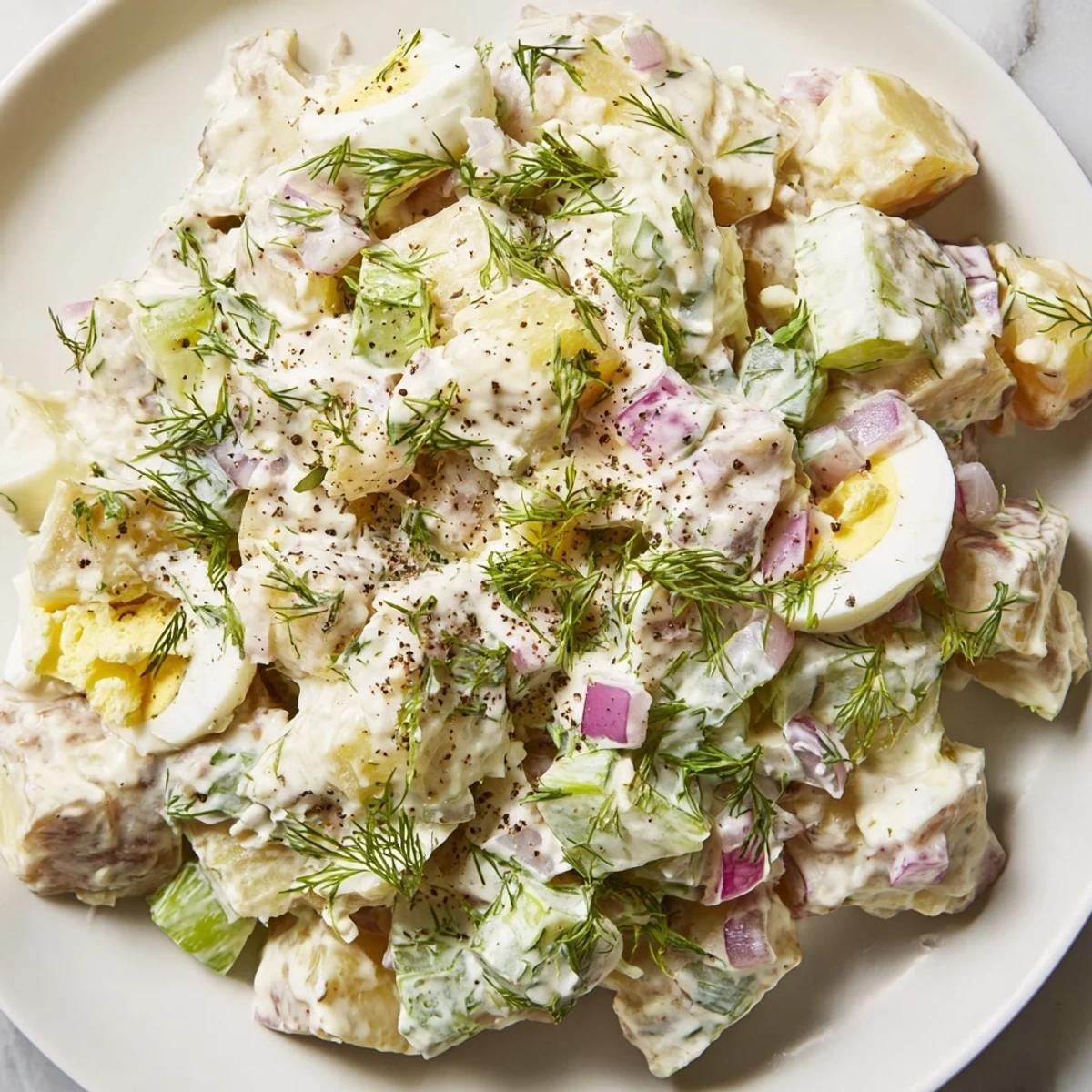 A chilled bowl of Creamy Potato Salad with Dill featuring diced celery and onions on a rustic wooden table.