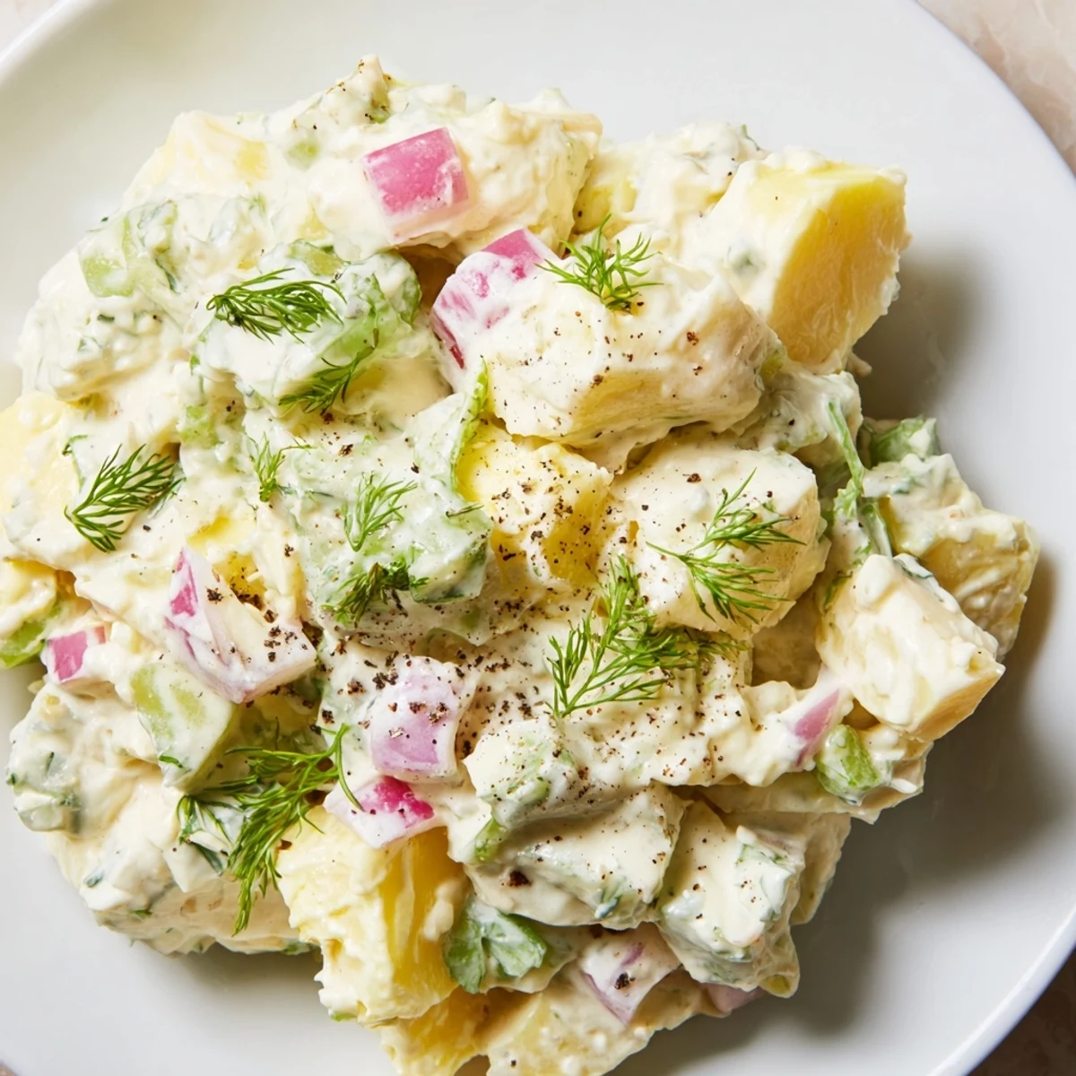 Creamy Potato Salad with Dill in a glass bowl with fresh herbs and a serving spoon, ready for a picnic.