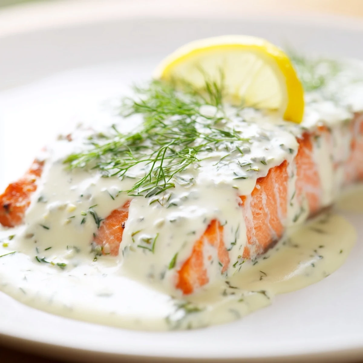 Golden-brown, flaky baked salmon fillets topped with a vibrant, creamy lemon dill sauce and fresh lemon slices.