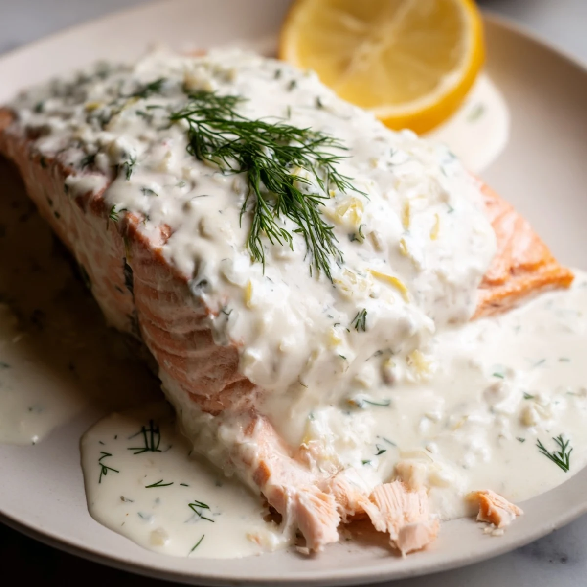 Four succulent baked salmon fillets garnished with fresh dill, plated alongside bright green roasted asparagus spears.