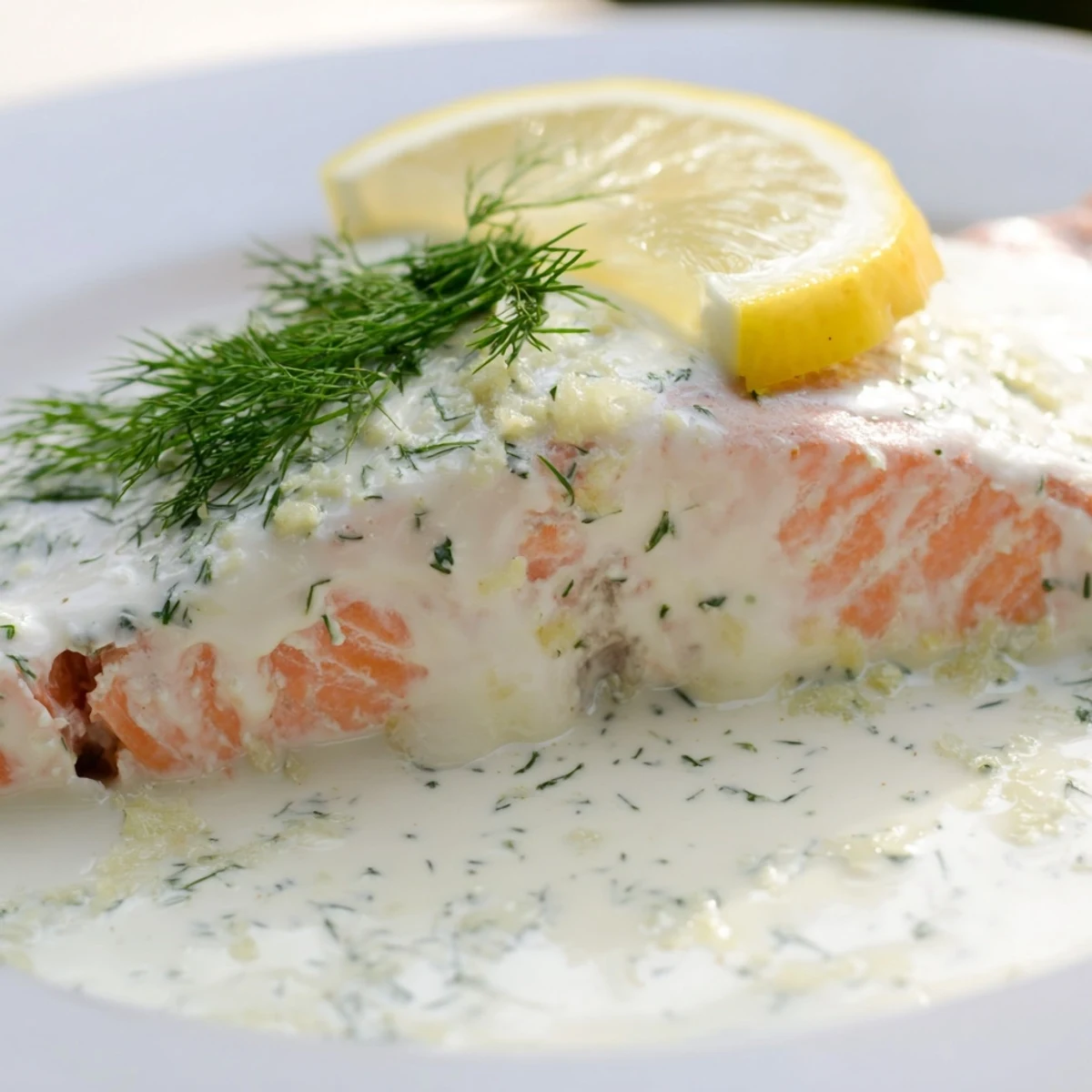 A close-up of flaky, tender salmon drizzled with a creamy lemon dill sauce on a rustic white plate.