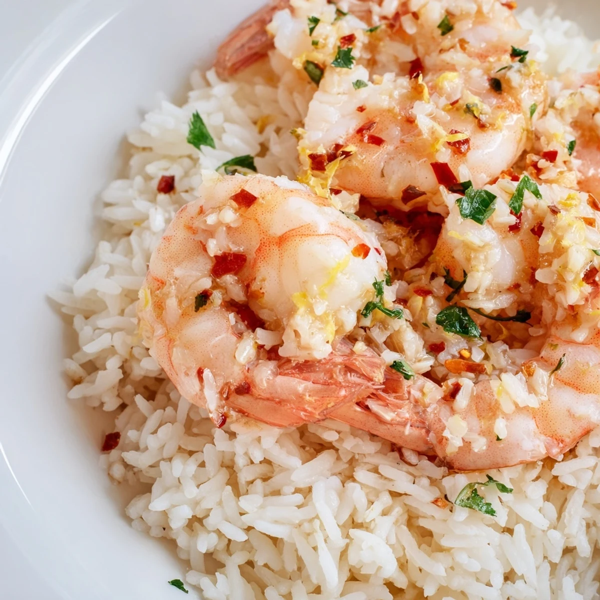 Close-up of Lemon Garlic Shrimp over Rice with zesty lemon wedges and fresh parsley garnish. 