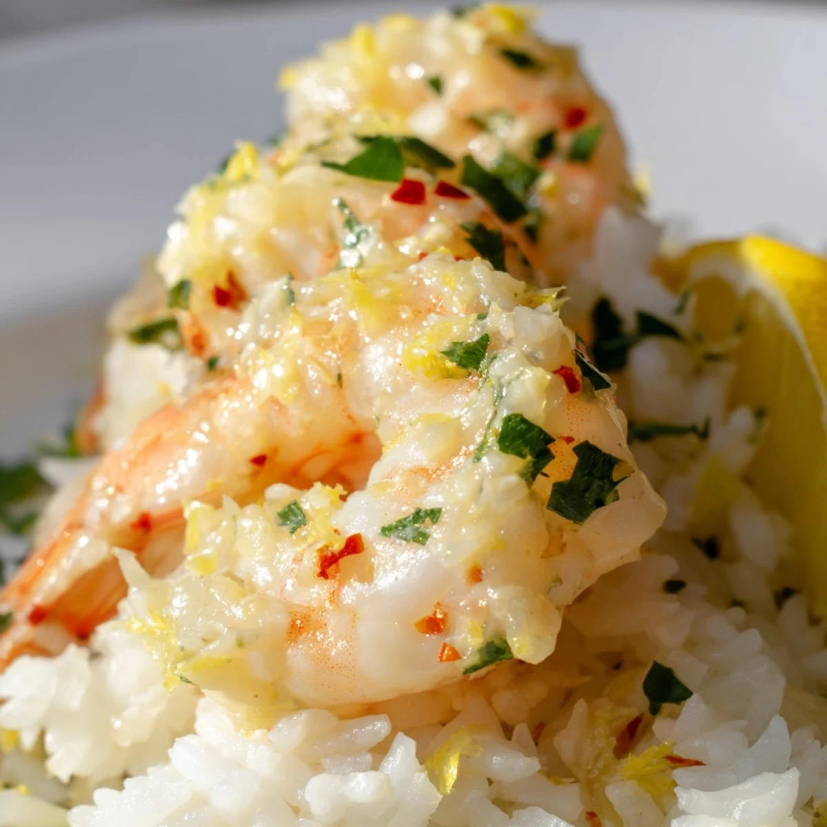 Steaming Lemon Garlic Shrimp over Rice topped with melted butter and bright parsley. 