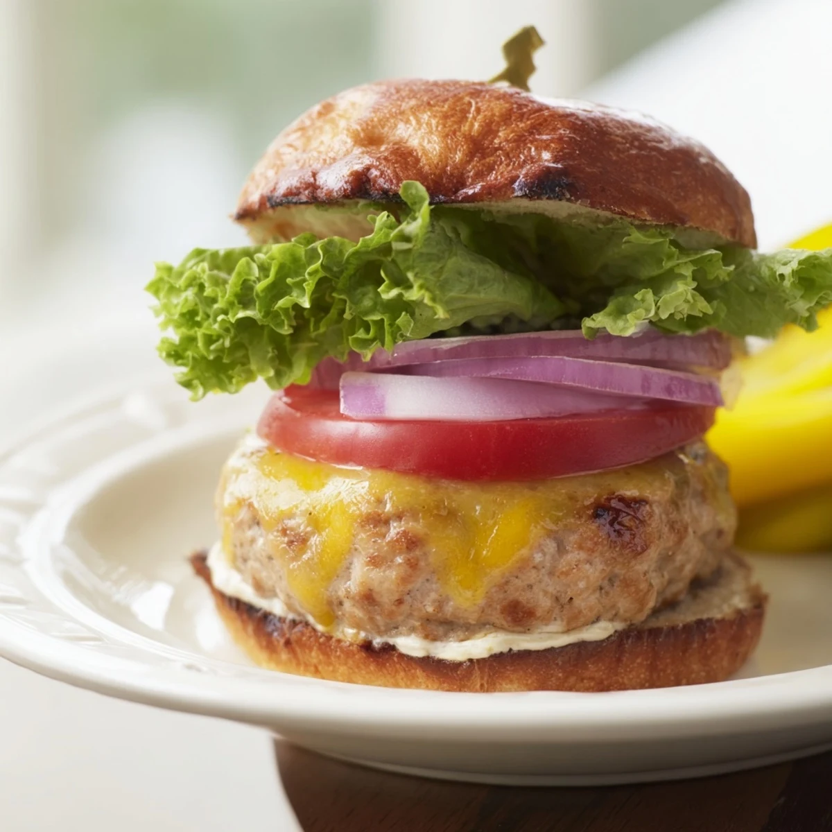 Golden melted cheese melting over a grilled turkey burger, served with crispy fries.