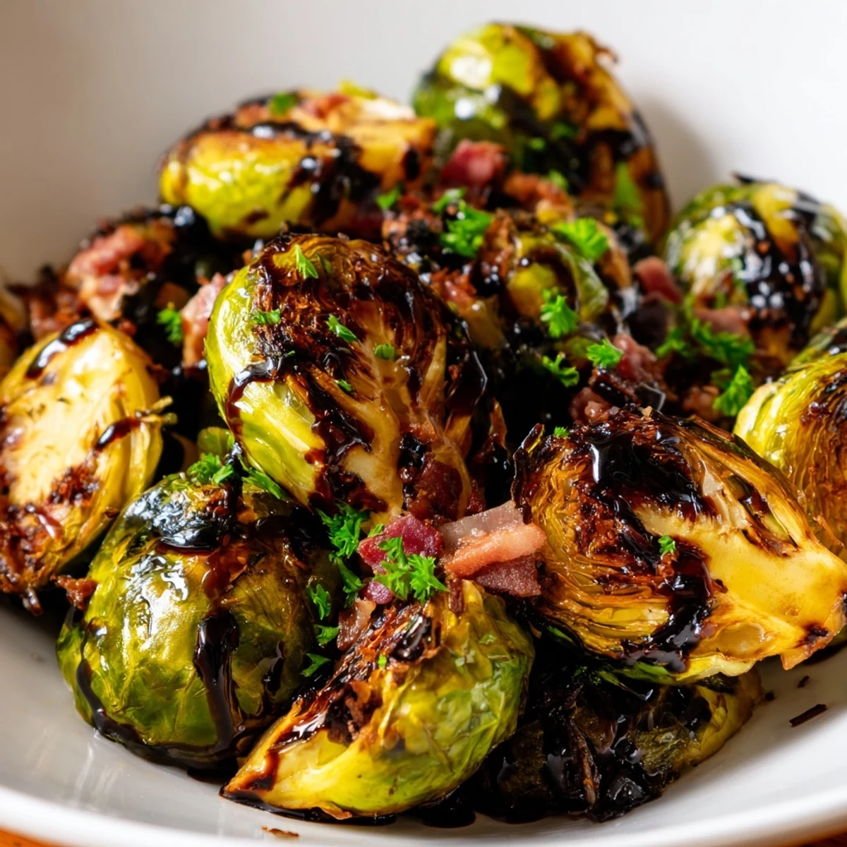 Roasted Brussels Sprouts with Turkey Bacon, golden and caramelized with crispy bits on a serving platter with fresh parsley.