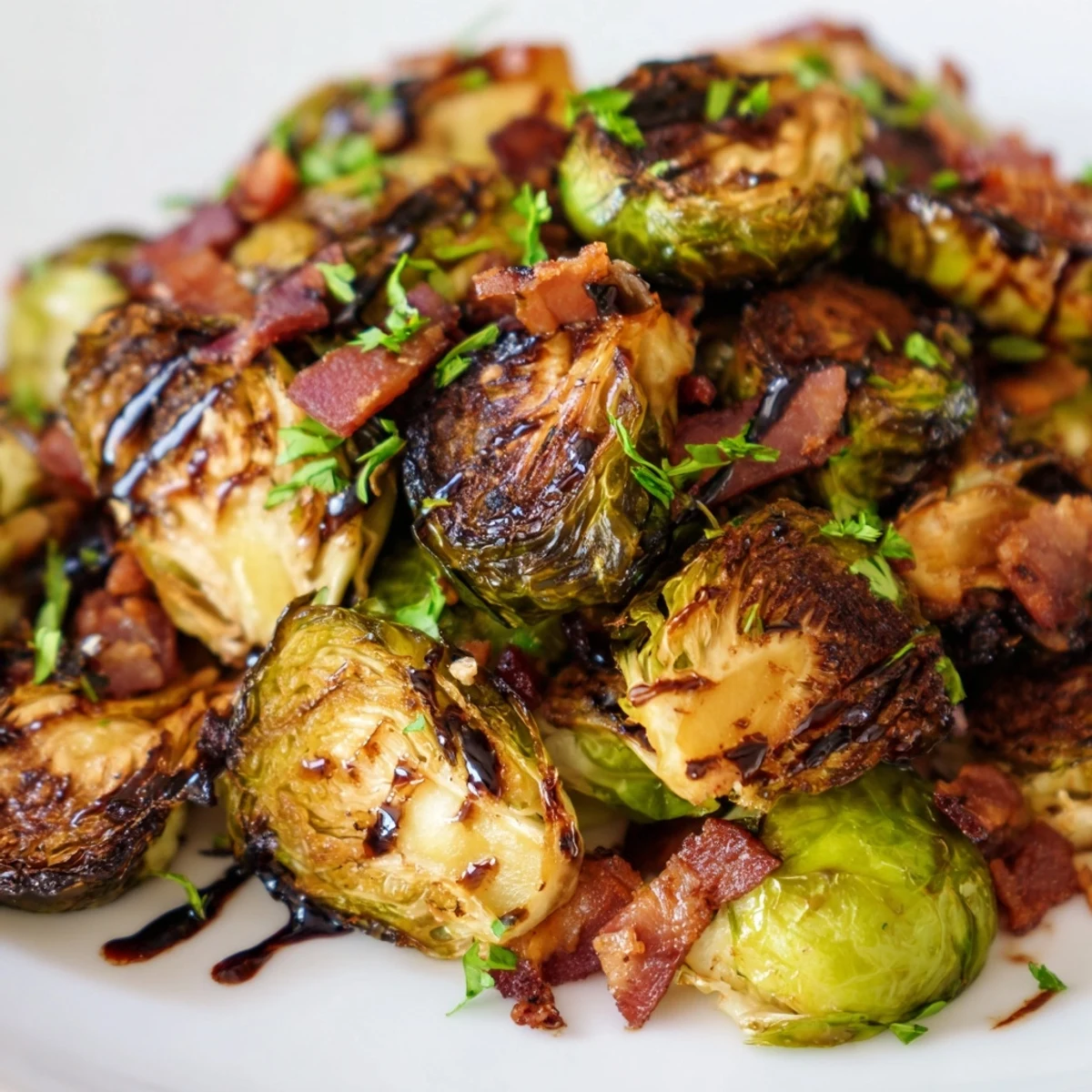 A close-up of Roasted Brussels Sprouts with Turkey Bacon, glistening with olive oil and a drizzle of balsamic glaze.