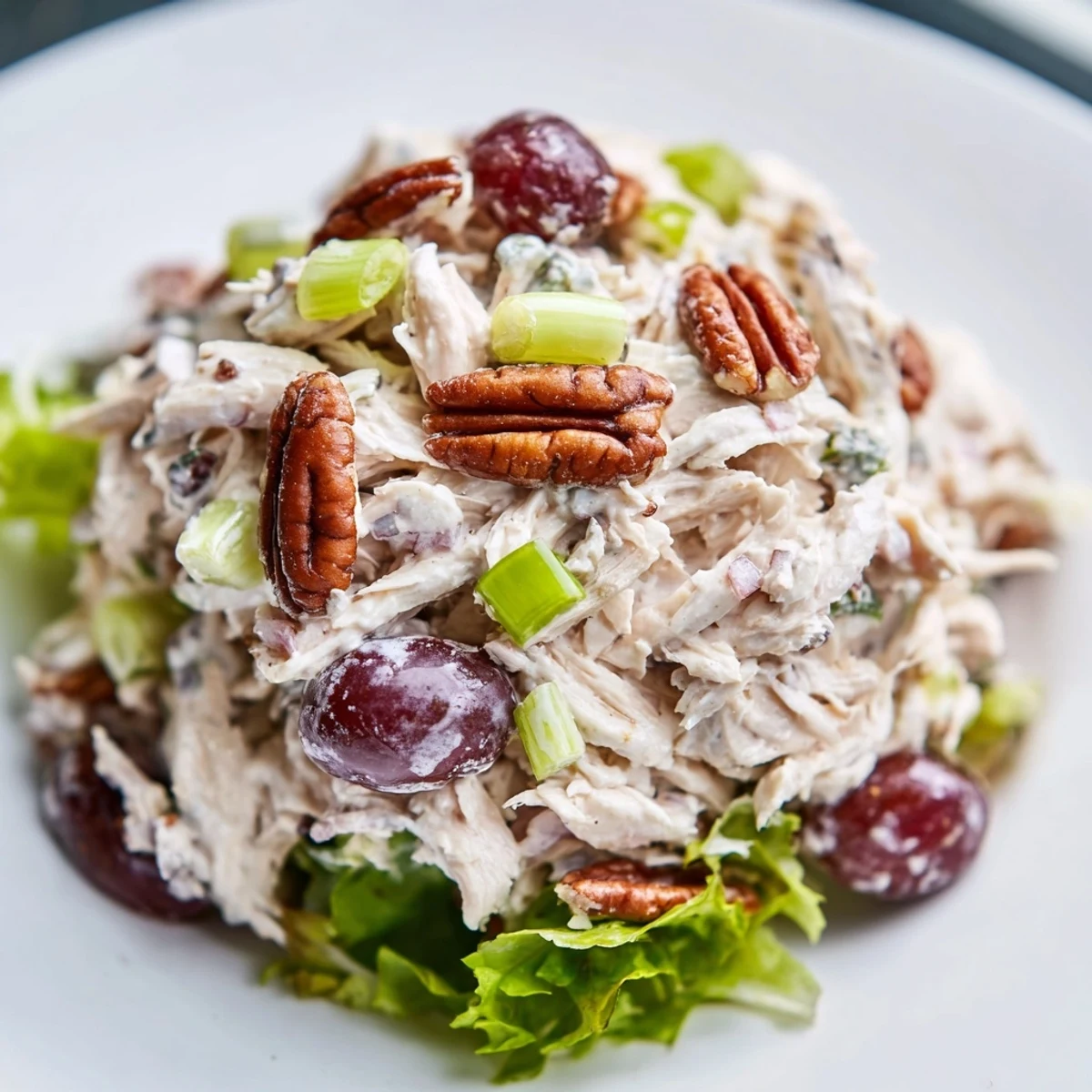 Creamy Chicken Salad with Pecans served on crisp mixed greens in a white bowl.