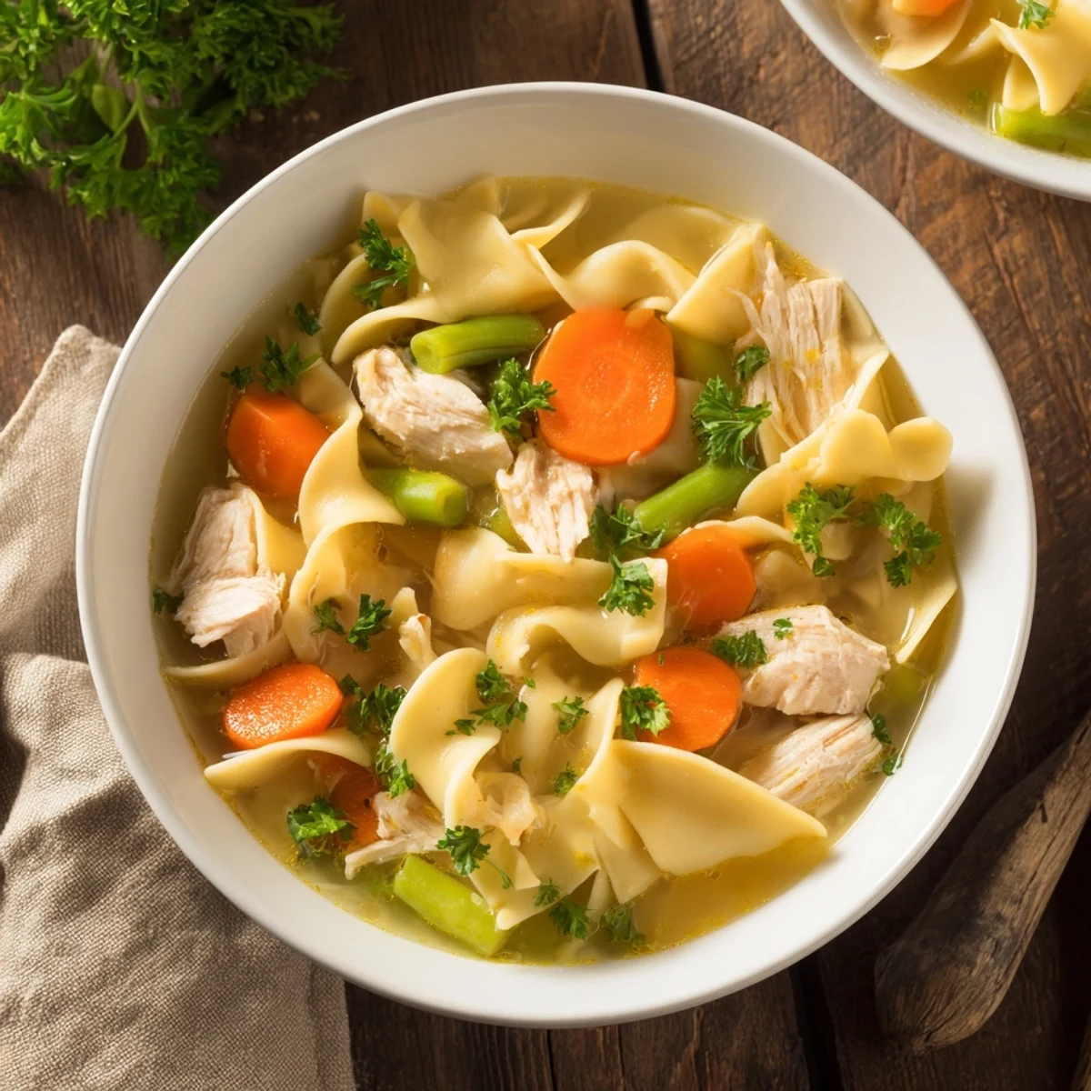 Steaming bowl of Chicken Vegetable Soup with Noodles featuring tender chicken, carrots, and celery in a savory broth.