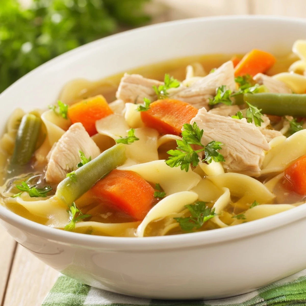Hearty Chicken Vegetable Soup with Noodles ready to serve, garnished with fresh parsley and lemon slices on the side.