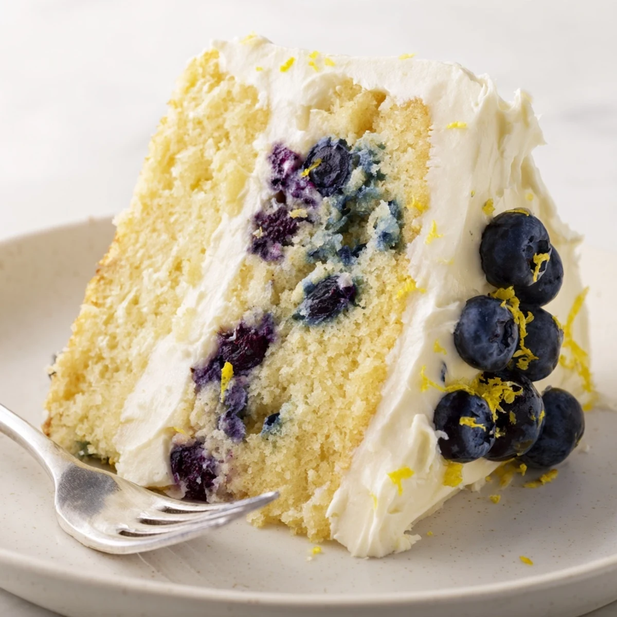 Slice of moist Lemon Blueberry Cake with frosting being served on a dessert plate, revealing juicy blueberries inside.
