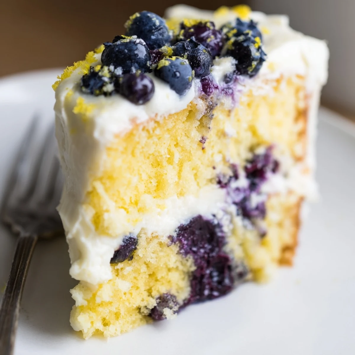 Freshly baked Lemon Blueberry Cake with frosting, topped with plump blueberries and lemon zest on a white plate.
