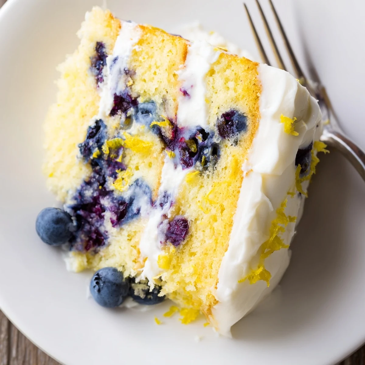 Lemon Blueberry Cake with frosting garnished with fresh blueberries, set on a rustic wooden table for serving.