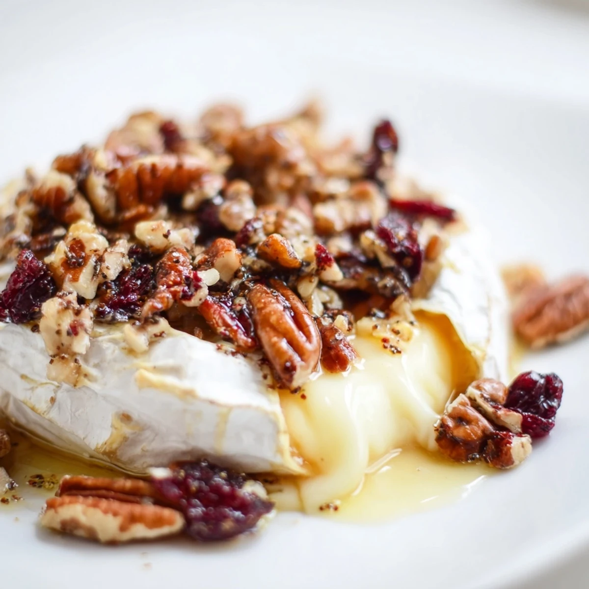 Golden Baked Brie with Cranberry Pecan Topping topped with chopped pecans and dried cranberries for holiday snacking.
