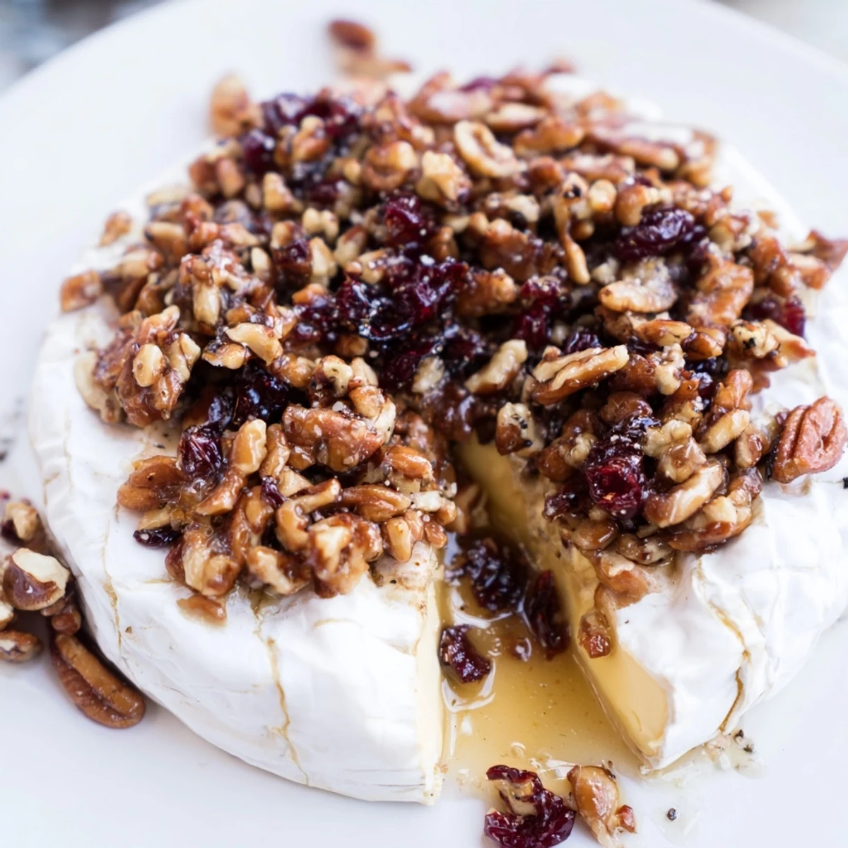 Warm Baked Brie with Cranberry Pecan Topping bubbling with gooey cheese and sweet syrup on a wooden board.