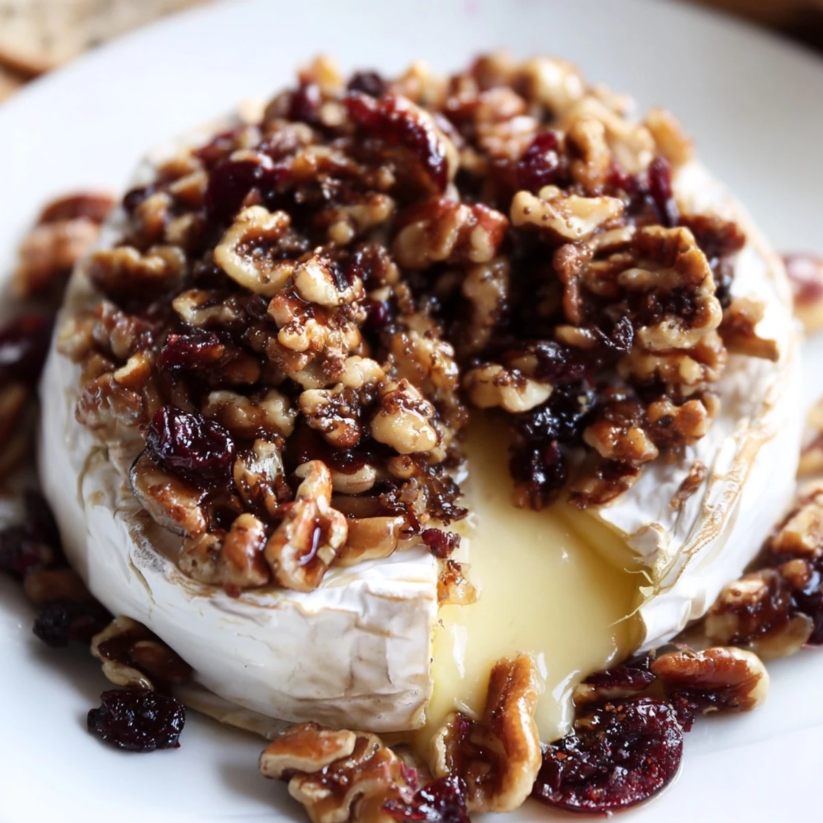 Sliced apples and crackers surround Baked Brie with Cranberry Pecan Topping, a melty appetizer for festive gatherings.