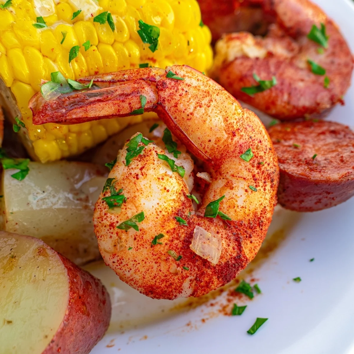 Golden shrimp, tender baby potatoes, and charred corn from the Sheet Pan Shrimp Boil recipe served hot.