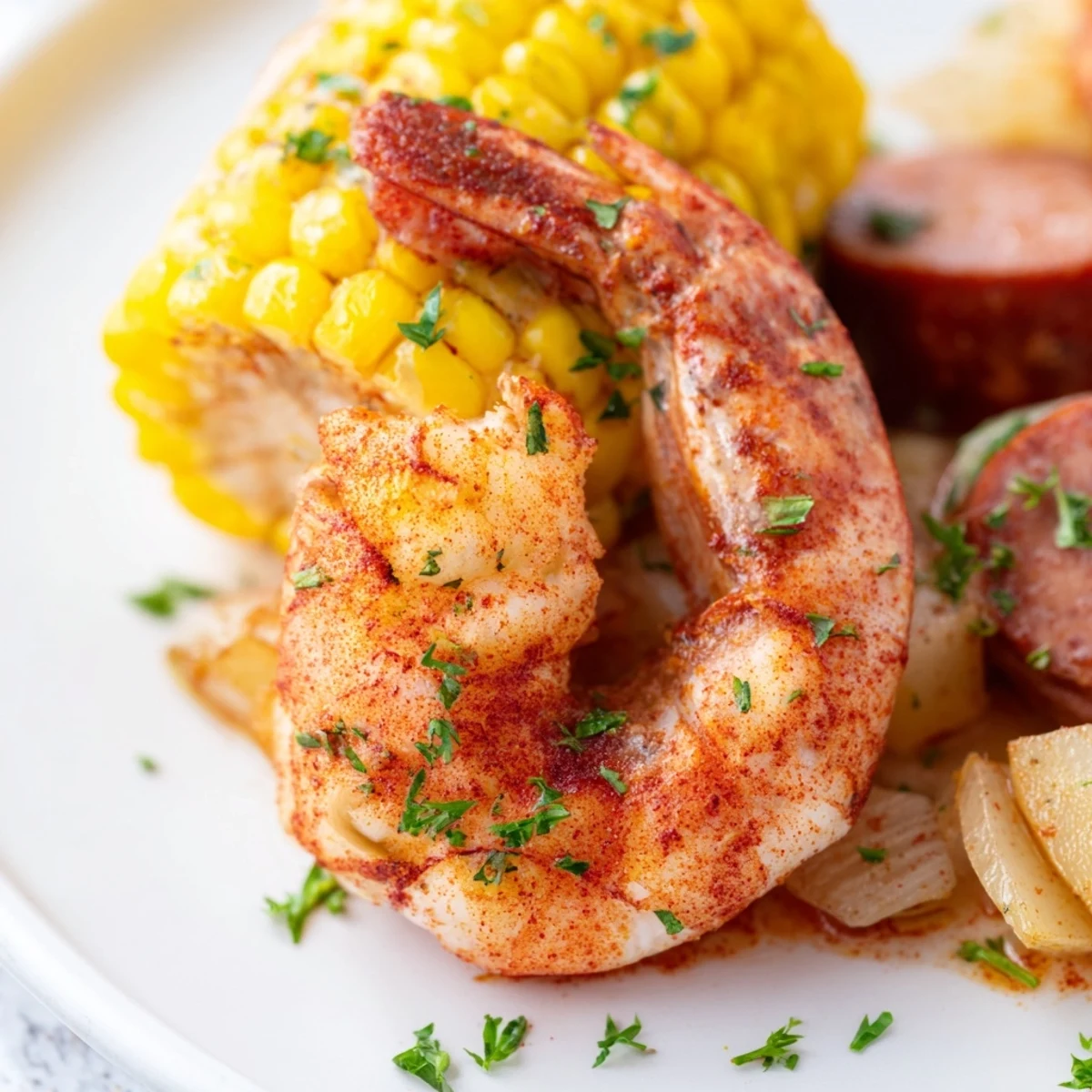 Freshly roasted Sheet Pan Shrimp Boil with corn, potatoes, and smoky andouille sausage garnished with lemon slices.