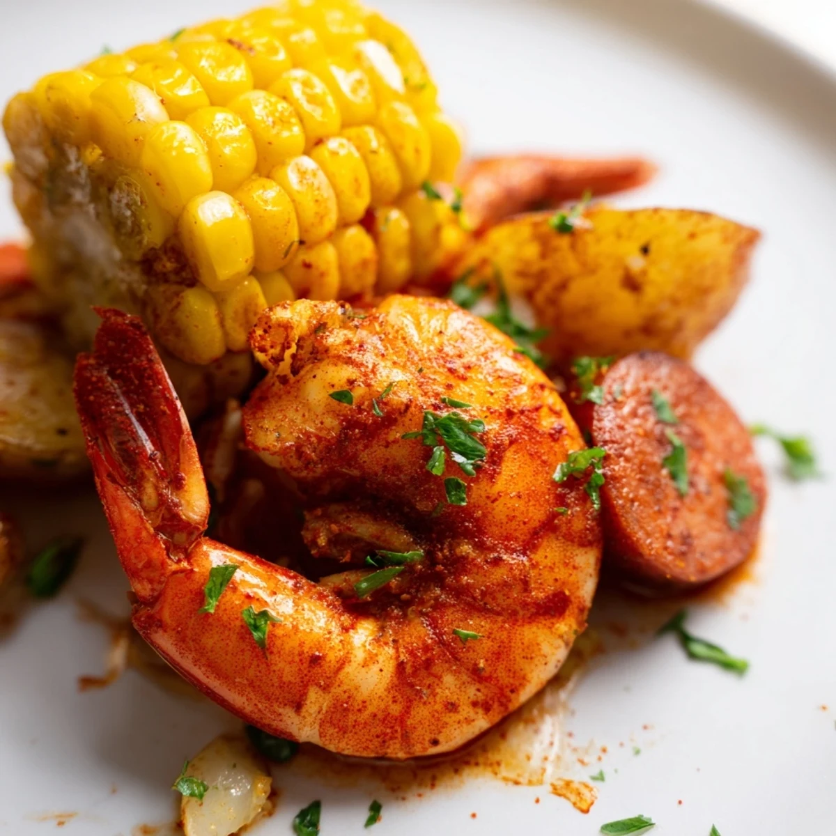 Zesty Sheet Pan Shrimp Boil featuring juicy shrimp, red onion wedges, and fresh parsley on a baking sheet.