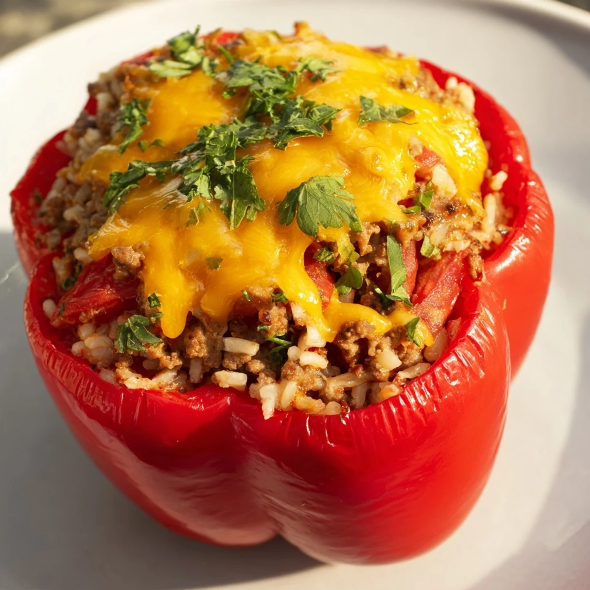 Freshly baked Turkey Stuffed Bell Peppers reveal a hearty filling of savory turkey, fluffy rice, and diced tomatoes.