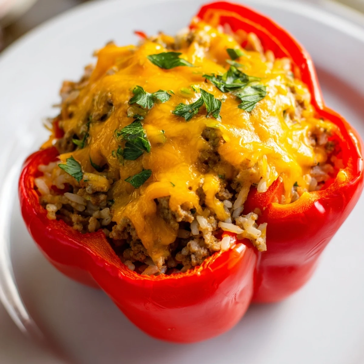 Turkey Stuffed Bell Peppers sit on a white plate with fresh parsley garnish, perfect for a healthy dinner.