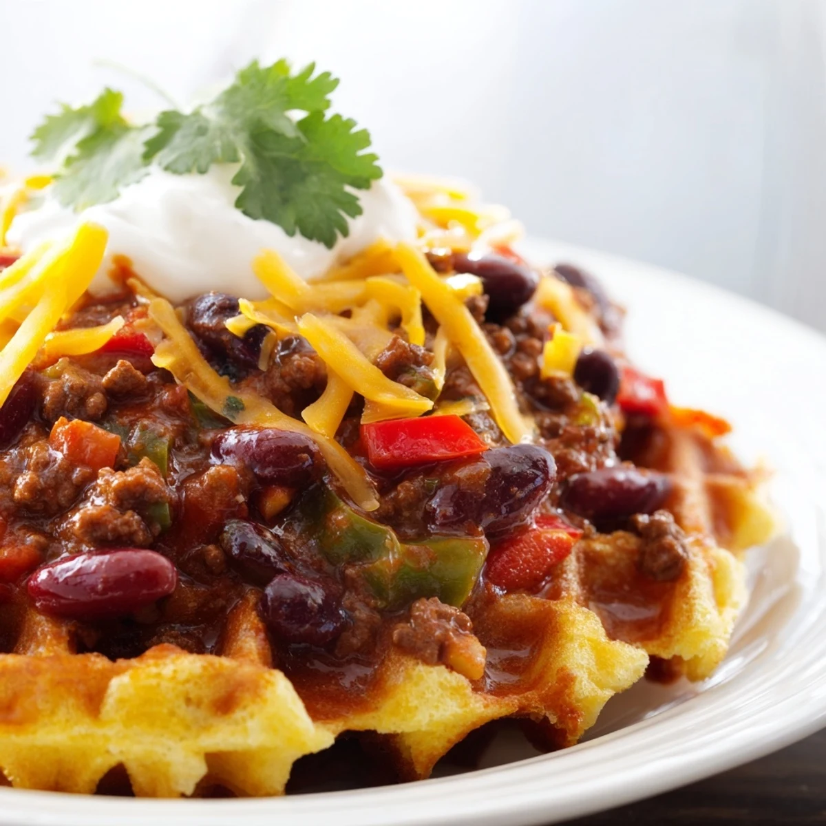 Savory beef chili with cornbread waffles topped with melted cheddar cheese, green onions, and a dollop of sour cream.
