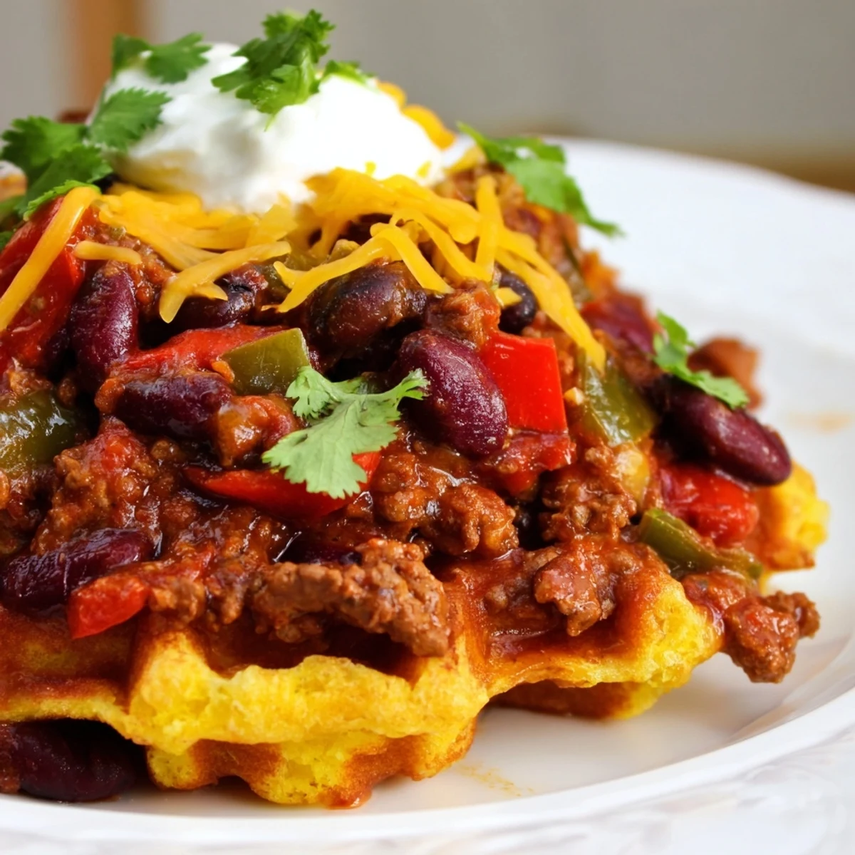 Golden cornbread waffles topped with a ladle of rich, red beef chili, garnished with fresh cilantro for a classic American meal.