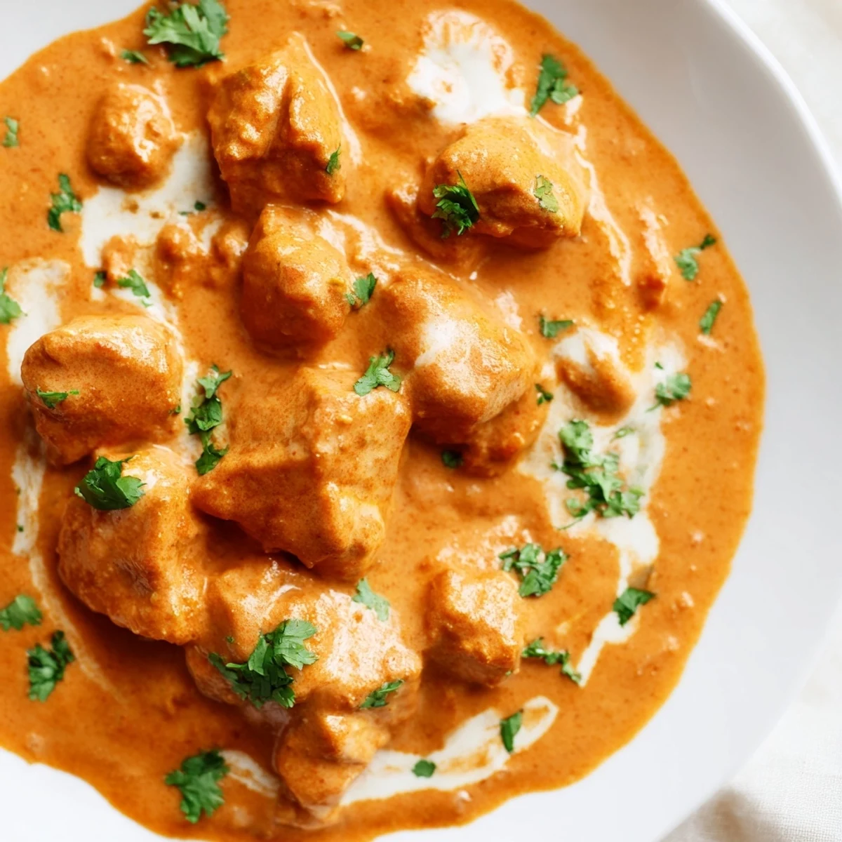 Slow Cooker Chicken Tikka Masala simmered in a rich, creamy tomato sauce with aromatic spices, garnished with fresh cilantro.