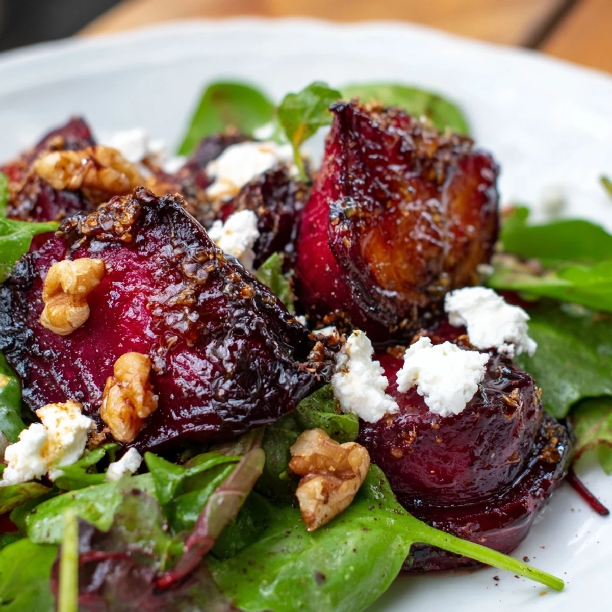 Roasted Beet and Walnut Salad with deep red beet wedges, toasted walnuts, and creamy goat cheese on vibrant greens, finished with tangy balsamic dressing.