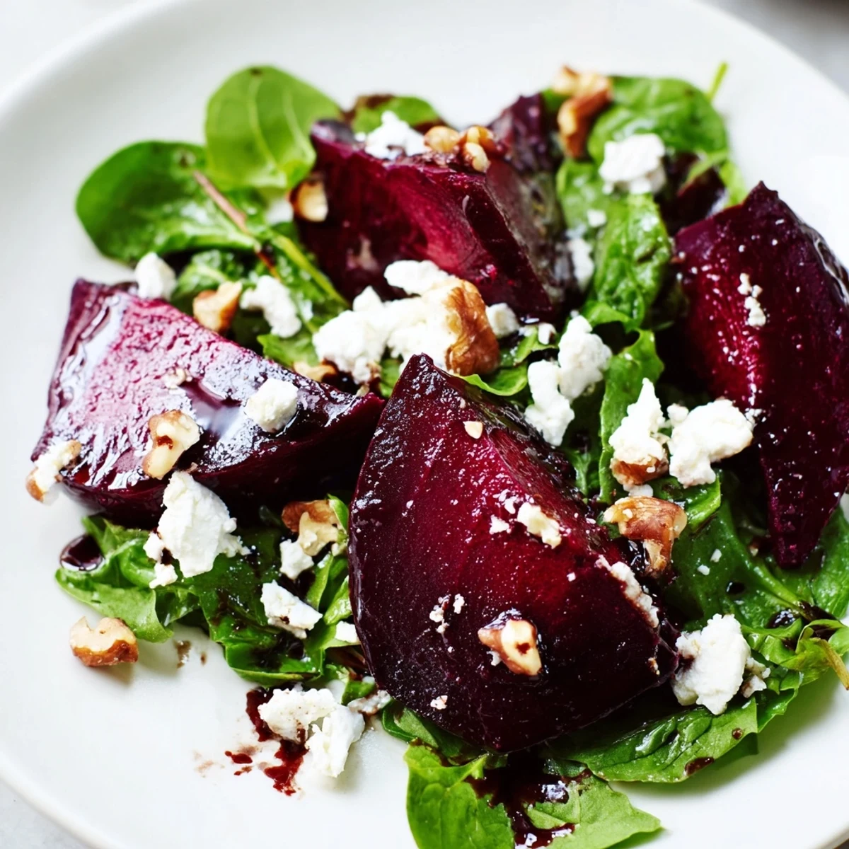 A generous bowl of Roasted Beet and Walnut Salad featuring golden toasted walnuts, crumbled goat cheese, and glossy roasted beets over fresh arugula and spinach.