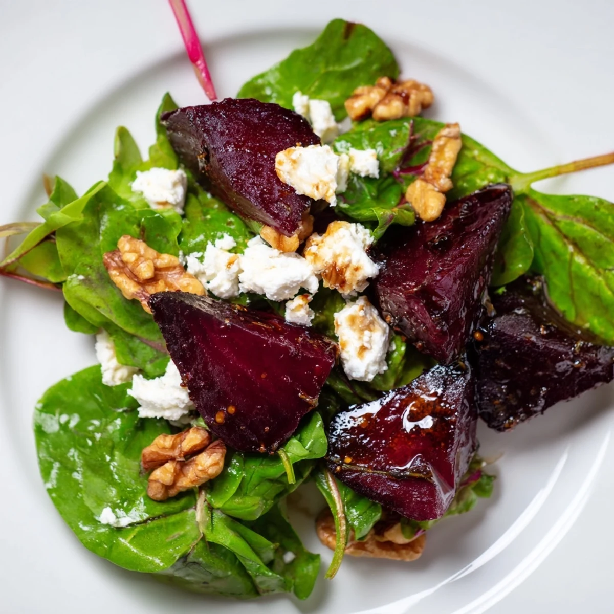 Overhead view of Roasted Beet and Walnut Salad, showing jewel-toned beet wedges, crunchy walnuts, and creamy goat cheese tossed in balsamic vinaigrette.