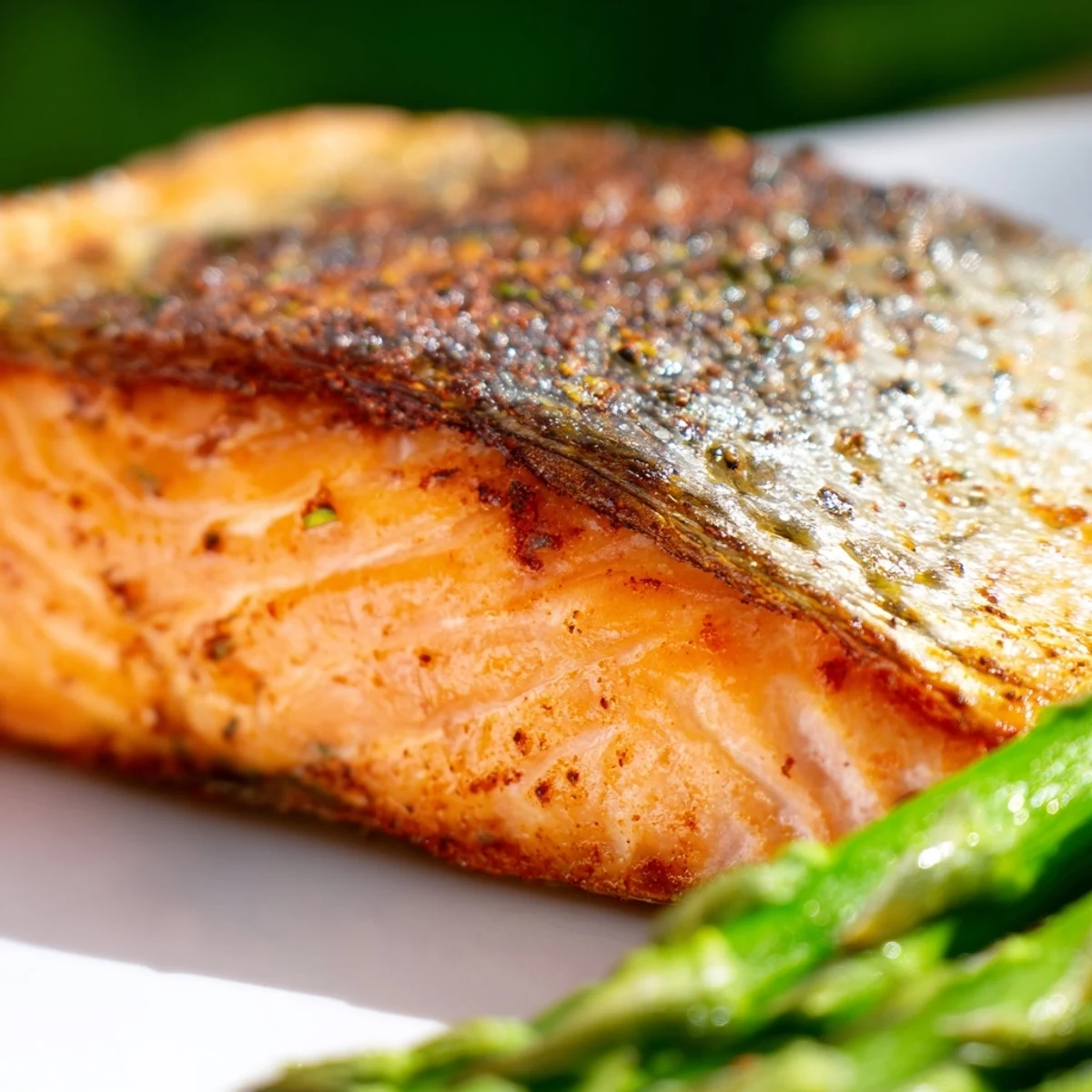 Perfectly crisp salmon fillets and tender asparagus seasoned with lemon and dill in the Crispy Air Fryer Salmon with Asparagus.