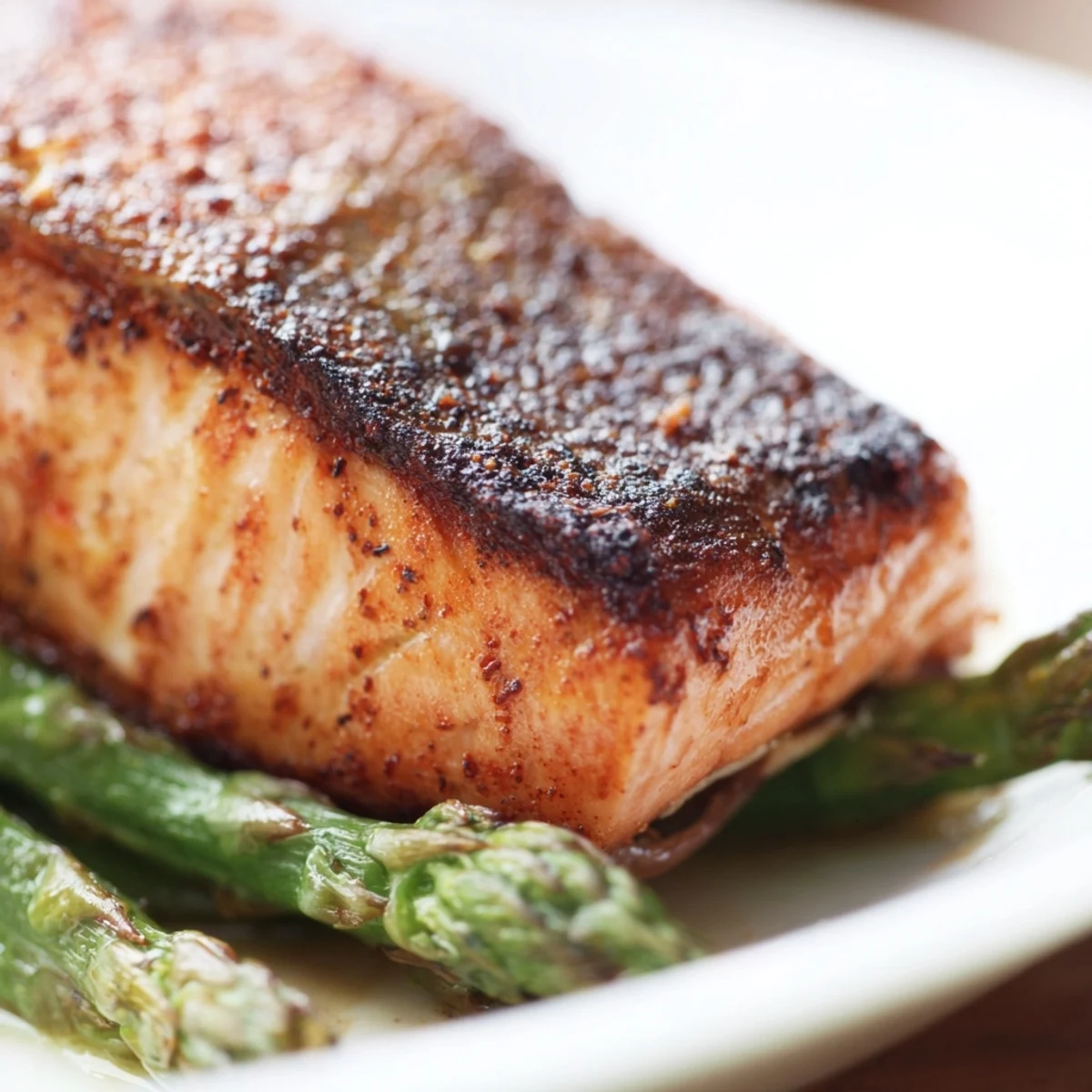 Flaky, golden-brown Crispy Air Fryer Salmon with Asparagus served on a plate with fresh lemon wedges for a healthy dinner.