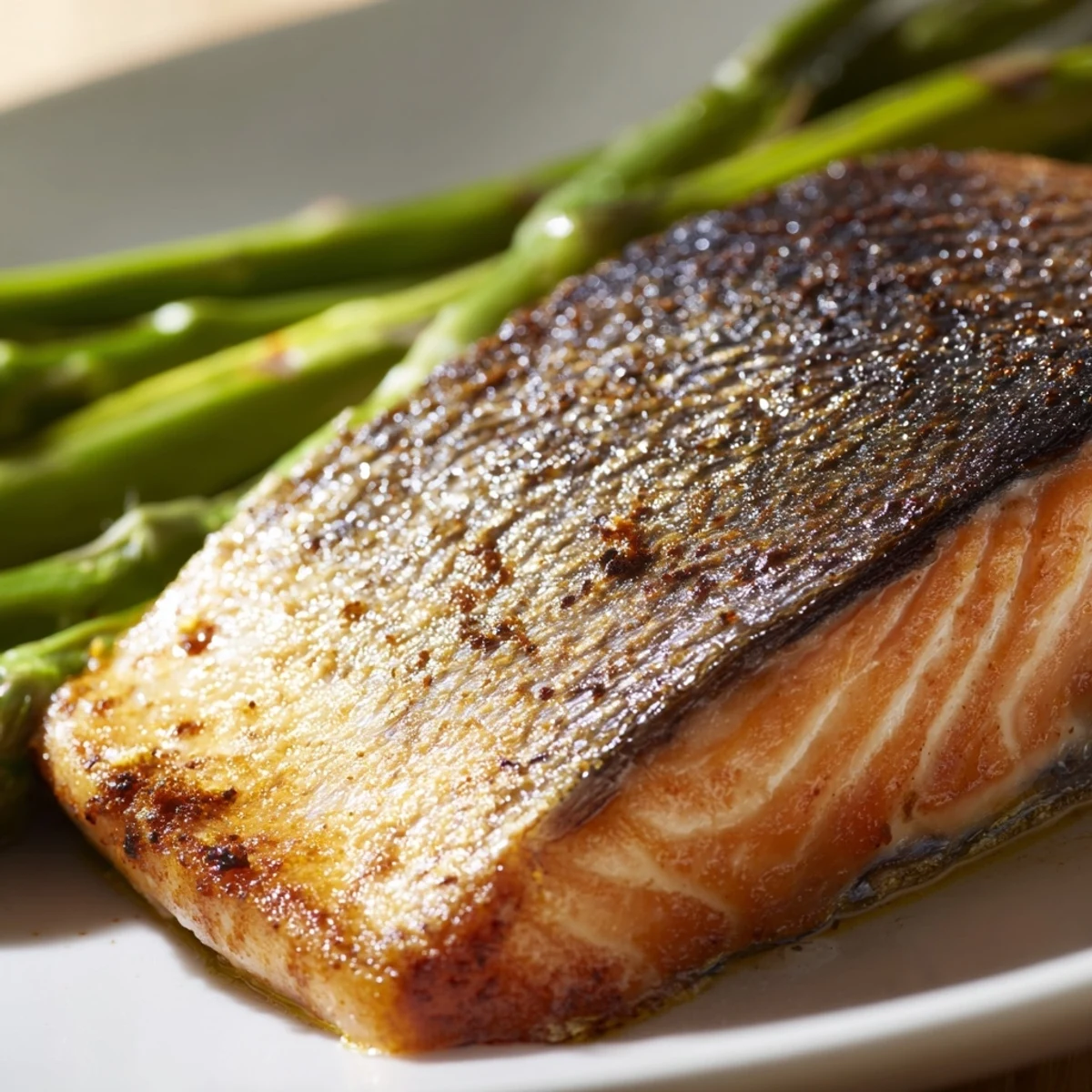 Golden salmon skin and bright green asparagus spears cooked to perfection in this Crispy Air Fryer Salmon with Asparagus recipe.
