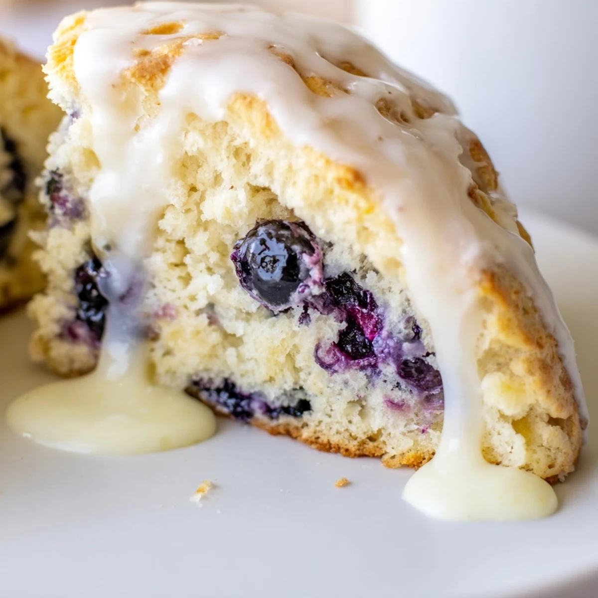 Freshly baked Lemon Blueberry Scones with glaze drizzled over golden edges on a rustic wooden board.