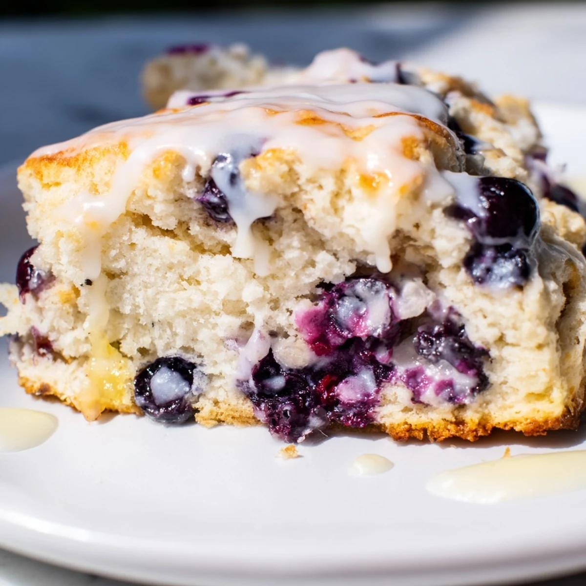 Warm Lemon Blueberry Scones stacked high, showing juicy berries and sweet citrus glaze catching the light.