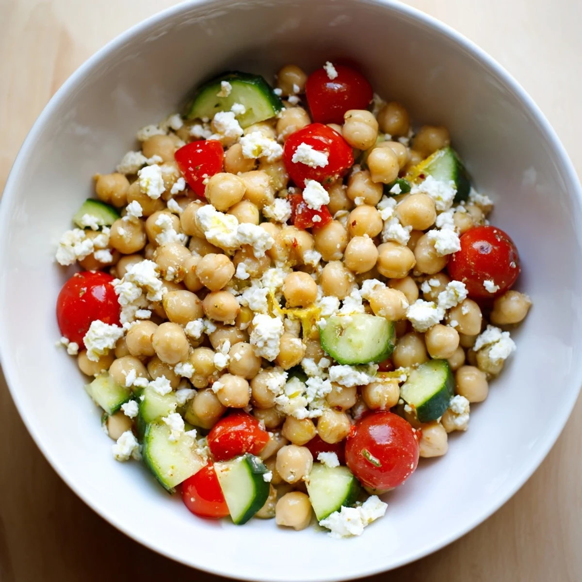 Colorful Mediterranean Chickpea and Feta Salad topped with fresh parsley, ready to serve with grilled pita.