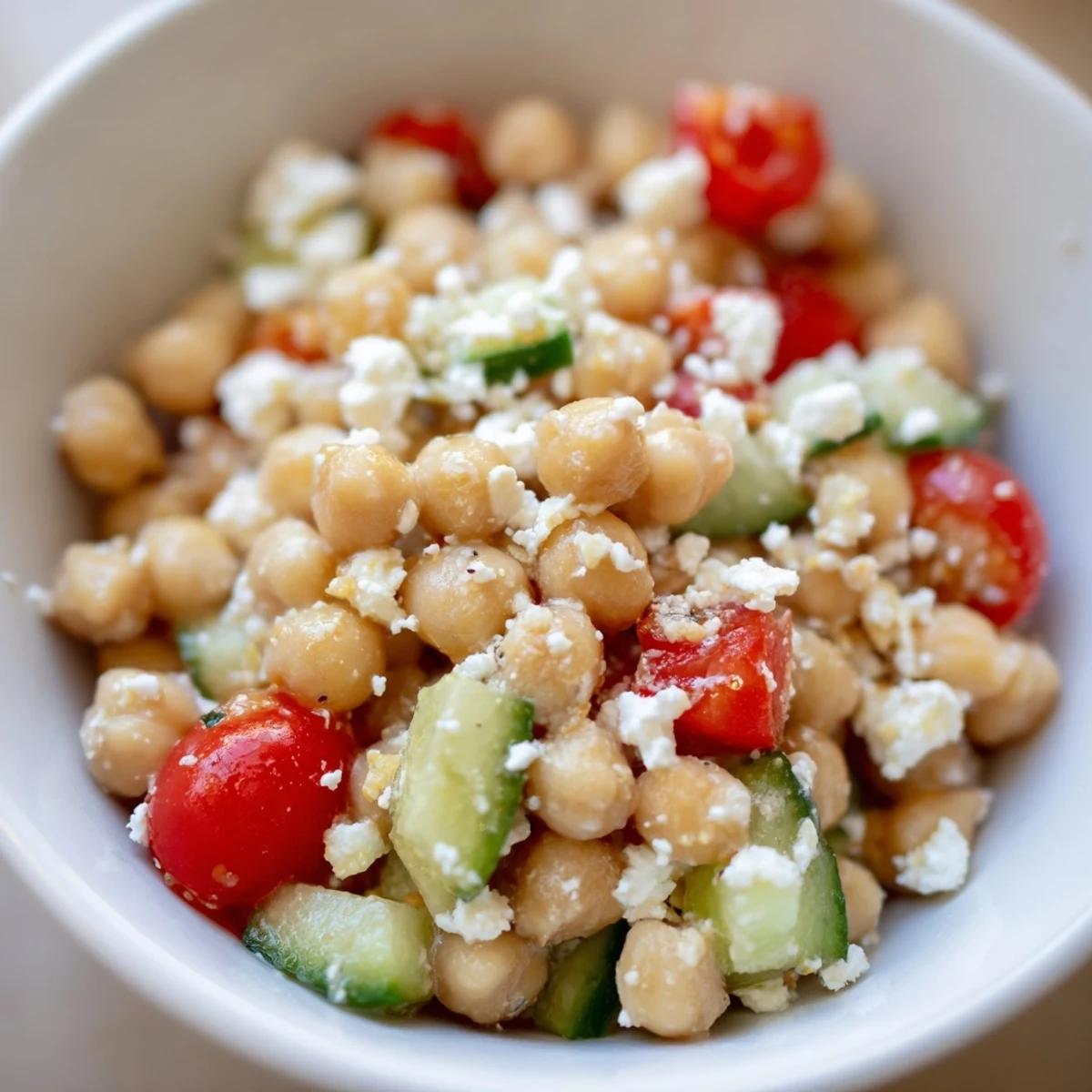 Healthy Mediterranean Chickpea and Feta Salad featuring chickpeas, cherry tomatoes, cucumber, and a zesty lemon dressing.