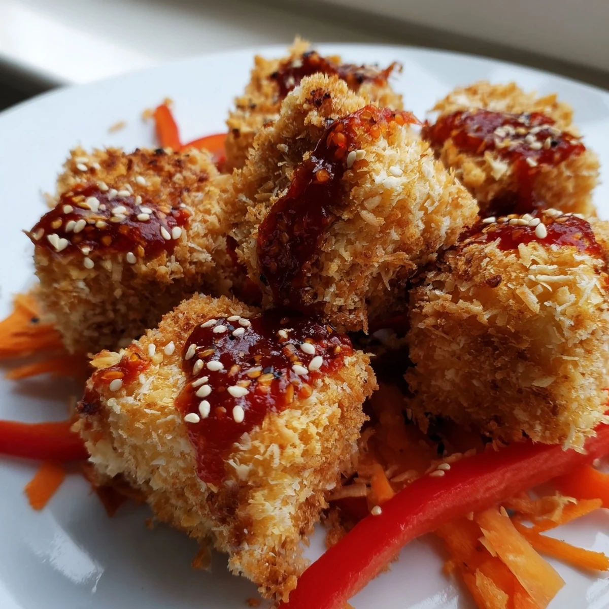 Crispy coconut tofu sits atop a colorful stir-fry of bell peppers and snap peas, finished with a sweet chili drizzle for a vibrant, plant-based dinner.