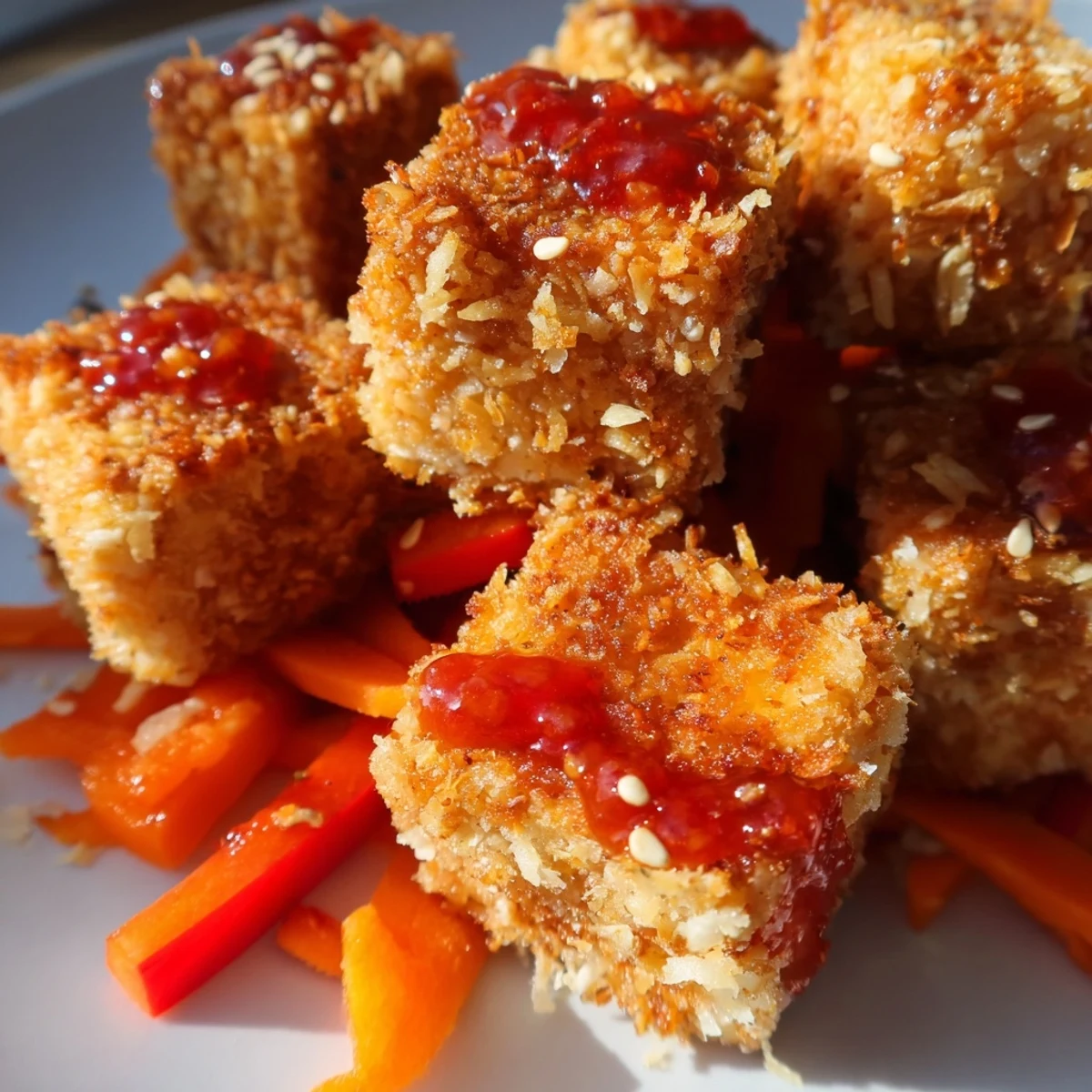 Freshly baked Crispy Coconut Tofu paired with tender-crisp stir-fry veggies and sesame seeds, showcasing a delicious vegan meal with Asian-inspired flavors.